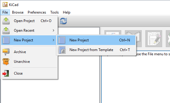 Screenshot of Kicad's main window, with the menu File > New Project > New Project highlighted. It is shown that Ctrl+N is the keyboard shortcut.